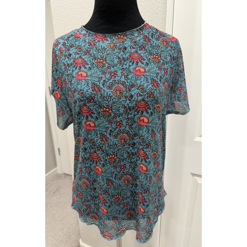 Natural Life Simone Mesh Tee XL Turquoise/ Pink Sheer Short Sleeve NWT